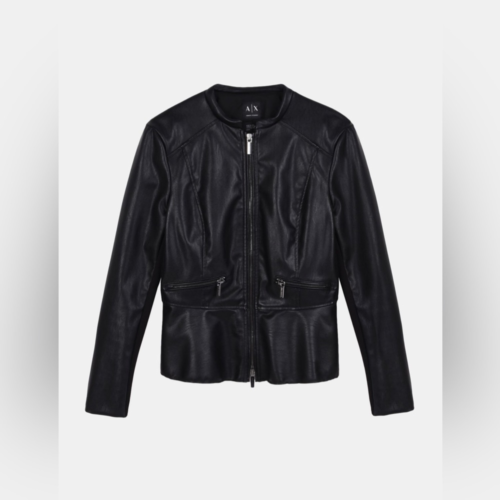 Armani Exchange Black Faux Leather Peplum Zip Up Fitted Jacket Size XS